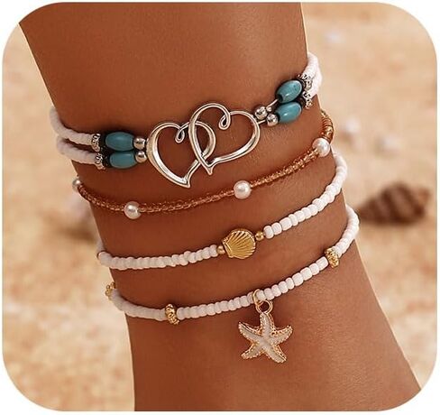 Tornito Shell Ankle Bracelet Set for Women Gold Boho Bead Anklets Summer Hawaiian Beach Seashell Pearl Disc Double Heart Starfish Conch Layered Foot Chain Jewelry Adjustable in Saudi Arabia