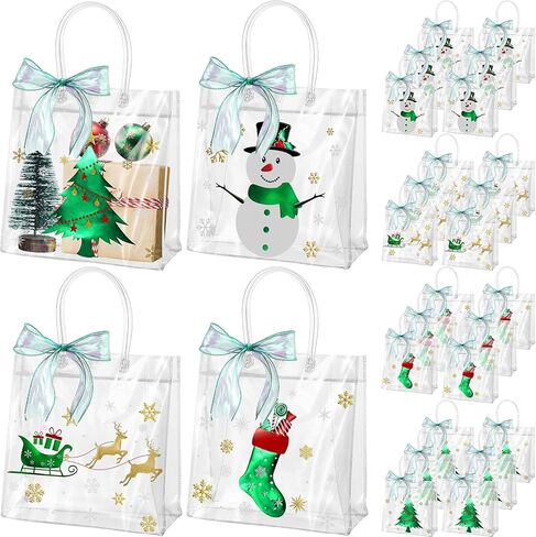 Henoyso 24 Pcs St. Patrick's Day Clear Gift Bags Plastic Shamrock Party Favor Bags with Handles and Ribbon Green Lucky Clover Gift Bags 7.8 x 7.8 x 3.1 PVC Totes for Irish Goodie Treat Gift Wrap in Saudi Arabia