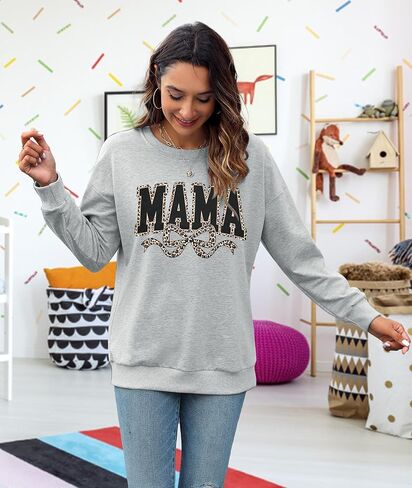SFHFY Mama Crewneck Sweatshirt Women: Casual Mom Long Sleeve Shirt Bow Mama Letter Print Pullover Top in Saudi Arabia