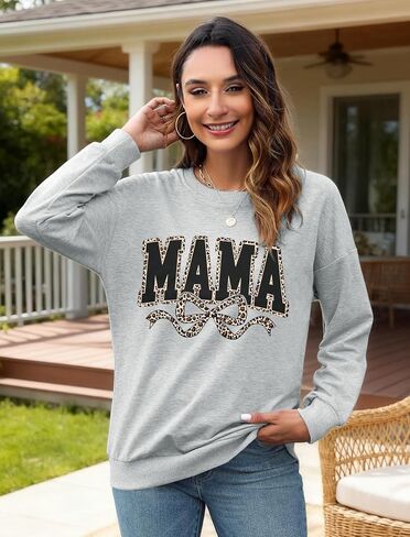 SFHFY Mama Crewneck Sweatshirt Women: Casual Mom Long Sleeve Shirt Bow Mama Letter Print Pullover Top in Saudi Arabia