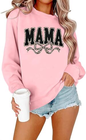 SFHFY Mama Crewneck Sweatshirt Women: Casual Mom Long Sleeve Shirt Bow Mama Letter Print Pullover Top in Saudi Arabia