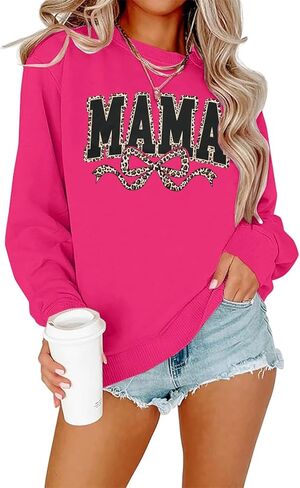 SFHFY Mama Crewneck Sweatshirt Women: Casual Mom Long Sleeve Shirt Bow Mama Letter Print Pullover Top in Saudi Arabia