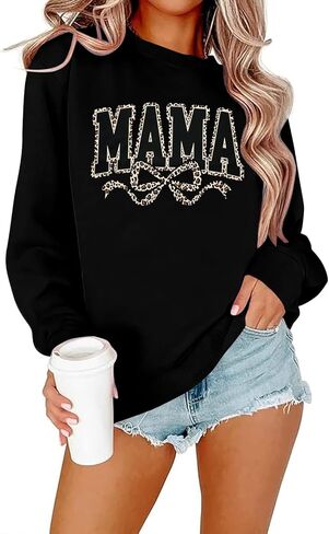 SFHFY Mama Crewneck Sweatshirt Women: Casual Mom Long Sleeve Shirt Bow Mama Letter Print Pullover Top in Saudi Arabia