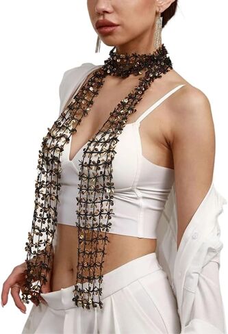 FGSS Women's Sequins Scarf Belly Dance Waist Belt Sparkly Headscarf Fashion Fringe Shawl Wrap Sparkle Necktie for Party in Saudi Arabia