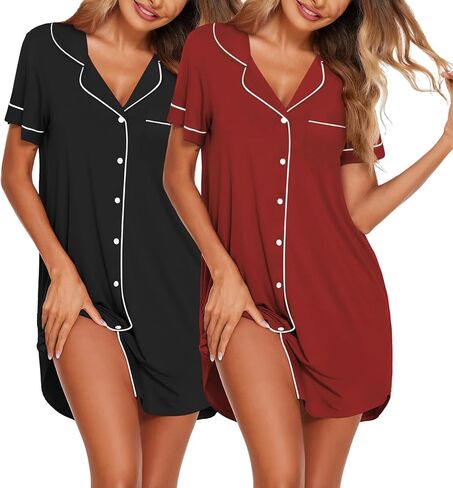 Ekouaer Nightgowns for Women 2 Pack Button Down Sleepwear Short Sleeve Sleepshirts Soft Nightshirts Black/Grey in Saudi Arabia