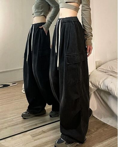 Cargo Pants for Women Men Baggy Jeans High Waisted Wide Leg Drawstring Pants with Pockets Grunge Streetwear in Kuwait