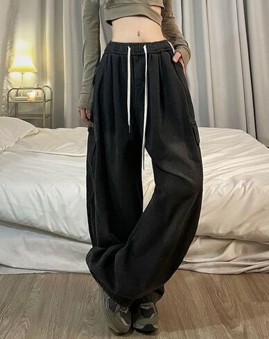 Cargo Pants for Women Men Baggy Jeans High Waisted Wide Leg Drawstring Pants with Pockets Grunge Streetwear in Kuwait