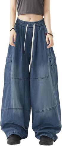 Cargo Pants for Women Men Baggy Jeans High Waisted Wide Leg Drawstring Pants with Pockets Grunge Streetwear in Kuwait