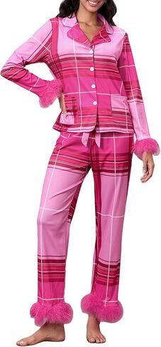NUFIWI Womens Cozy Pajamas Feather Trim Satin Pajama Set Long Sleeve Button Top Santa Pj 2Piece Lounge Holiday Sleepwear in Saudi Arabia