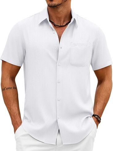 COOFANDY Mens Button Down Shirt Short Sleeve Casual Shirts Summer Beach Wedding Linen Shirt with Pocket in Saudi Arabia