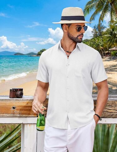 COOFANDY Mens Button Down Shirt Short Sleeve Casual Shirts Summer Beach Wedding Linen Shirt with Pocket in Saudi Arabia