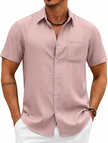 COOFANDY Mens Button Down Shirt Short Sleeve Casual Shirts Summer Beach Wedding Linen Shirt with Pocket in Saudi Arabia