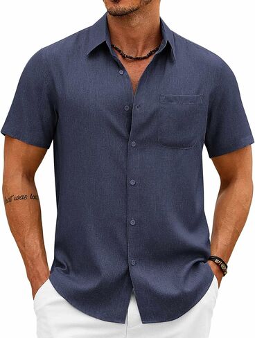 COOFANDY Mens Button Down Shirt Short Sleeve Casual Shirts Summer Beach Wedding Linen Shirt with Pocket in Saudi Arabia