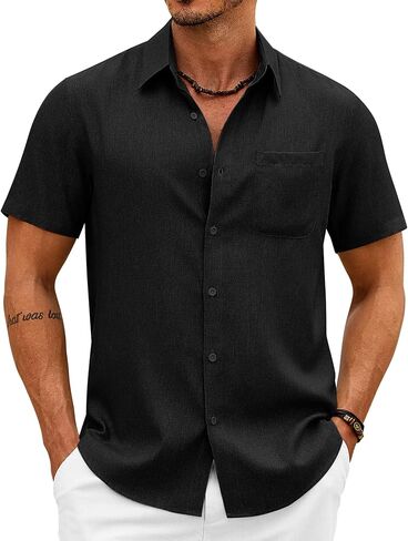 COOFANDY Mens Button Down Shirt Short Sleeve Casual Shirts Summer Beach Wedding Linen Shirt with Pocket in Saudi Arabia