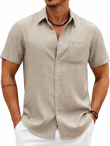 COOFANDY Mens Button Down Shirt Short Sleeve Casual Shirts Summer Beach Wedding Linen Shirt with Pocket in Saudi Arabia