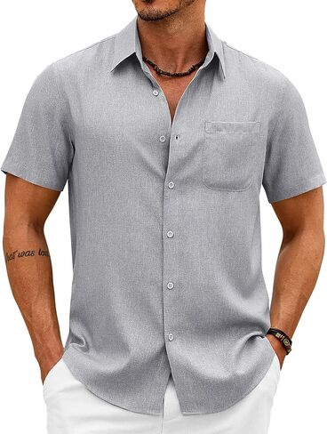 COOFANDY Mens Button Down Shirt Short Sleeve Casual Shirts Summer Beach Wedding Linen Shirt with Pocket in Saudi Arabia
