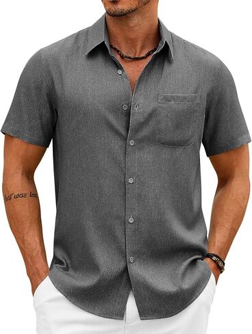COOFANDY Mens Button Down Shirt Short Sleeve Casual Shirts Summer Beach Wedding Linen Shirt with Pocket in Saudi Arabia