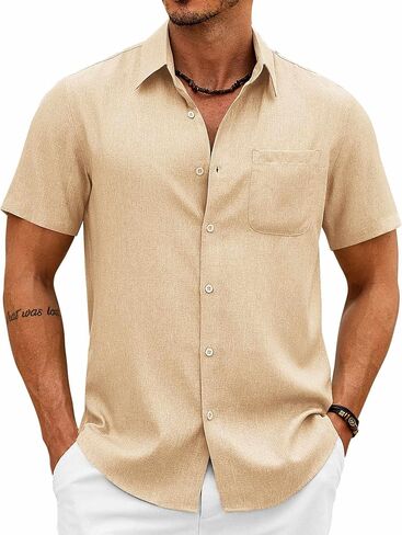 COOFANDY Mens Button Down Shirt Short Sleeve Casual Shirts Summer Beach Wedding Linen Shirt with Pocket in Saudi Arabia