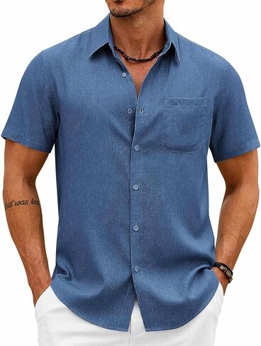COOFANDY Mens Button Down Shirt Short Sleeve Casual Shirts Summer Beach Wedding Linen Shirt with Pocket in Saudi Arabia