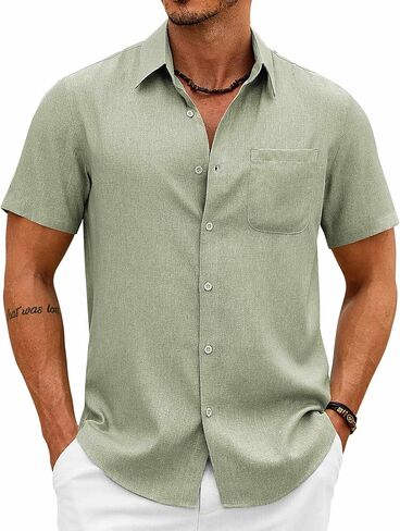 COOFANDY Mens Button Down Shirt Short Sleeve Casual Shirts Summer Beach Wedding Linen Shirt with Pocket in Saudi Arabia