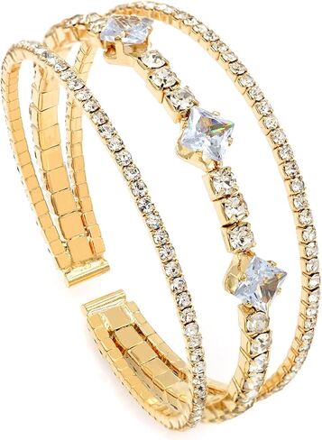 Women's Multi-Layer Rhinestone Cuff Bracelet Sparkling Crystal Tennis Bangle for Bridal Wedding Party in Saudi Arabia
