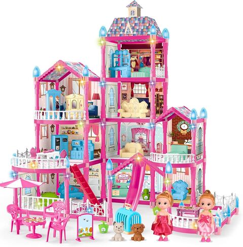 Doll House for Girls,10 Rooms Blue House Toy with Dolls Figure, Puppies,Furnitures, Accessories, Kids Playhouse Gift for for 3 4 5 6 7 8 9 10 Year Old in Saudi Arabia