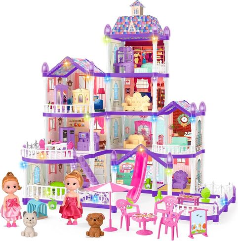Doll House for Girls,10 Rooms Blue House Toy with Dolls Figure, Puppies,Furnitures, Accessories, Kids Playhouse Gift for for 3 4 5 6 7 8 9 10 Year Old in Saudi Arabia