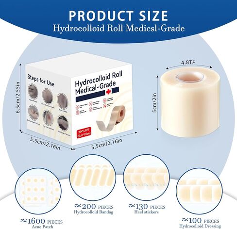 Hydrocolloid Bandages Roll，Medical Grade Hydrocolloid (2in*59in), Highly Absorbent Hydrocolloid Bandages for Wound Care, Burn, Blister, Acne Care, Waterproof & Cut to Required Size in Saudi Arabia
