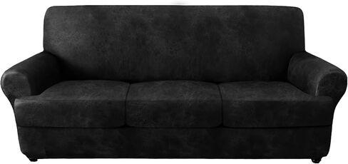 molasofa Leather Look T-Cushion Sofa Slipcovers with 3 Individual Shape Seat Covers for Home Décor, 4 Pieces - Stretchable, Washable, Non-Pilling, Non-Slip Sofa Slipcover (Sofa, 02 Black) in Saudi Arabia