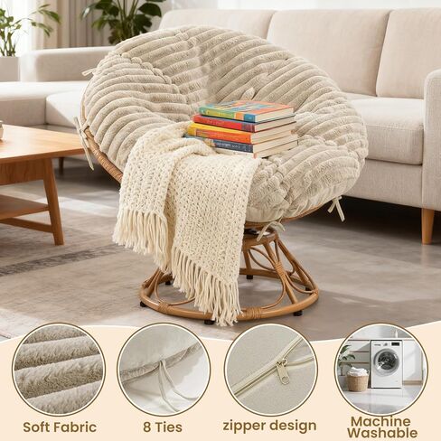 Papasan Chair Cushion Cover, Plush Faux Fur papasan Cushion Cover, 50 Inch for 40-44 Inch Cushions, Super Soft Removable Cover with Ties & Zipper, Machine Washable - Khaki in Saudi Arabia