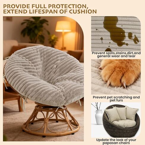 Papasan Chair Cushion Cover, Plush Faux Fur papasan Cushion Cover, 50 Inch for 40-44 Inch Cushions, Super Soft Removable Cover with Ties & Zipper, Machine Washable - Khaki in Saudi Arabia