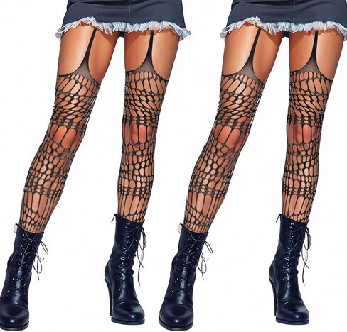 Lusofie 2 Pack Goth Tight Black Ripped Tights for Women Halloween Garter Tights Y2K Elastic Goth Fishnets Rave Fishnet Leggings for Punk Ripped Stockings Garter Stockings Suspender Pantyhose in Saudi Arabia