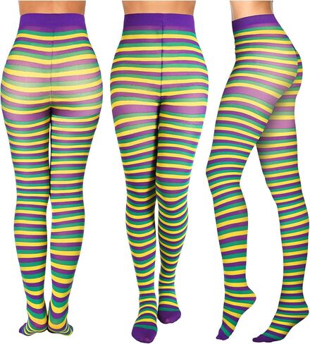 Geyoga 3 Pairs Mardi Gras Pants Striped Tights Women Carnival Stockings Full Length Footed Tights High Waist Striped Elastic Long Stockings Carnival Party Favor Supplies in Saudi Arabia