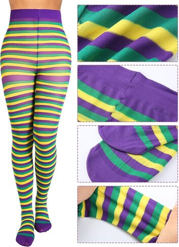 Geyoga 3 Pairs Mardi Gras Pants Striped Tights Women Carnival Stockings Full Length Footed Tights High Waist Striped Elastic Long Stockings Carnival Party Favor Supplies in Saudi Arabia