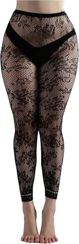 OYOANGLE Women's Lace Fishnet Footless Tights See Through Pantyhose High Waisted Sheer Leggings in Saudi Arabia