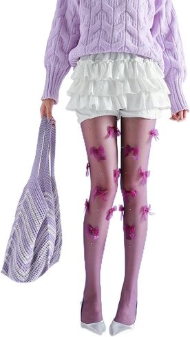 Sahabowi Women's Chiffon Bows Pom Colorful Tights, Cuty Pink Blue Pantyhose with High Waistband Elastic Soft in Saudi Arabia