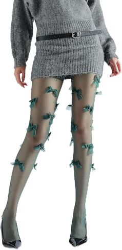 Sahabowi Women's Chiffon Bows Pom Colorful Tights, Cuty Pink Blue Pantyhose with High Waistband Elastic Soft in Saudi Arabia