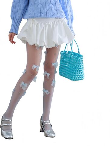 Sahabowi Women's Chiffon Bows Pom Colorful Tights, Cuty Pink Blue Pantyhose with High Waistband Elastic Soft in Saudi Arabia