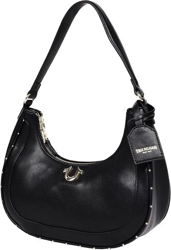 True Religion Crescent Hobo Purse, Studded Chain Shoulder Bag with Dual Carry Straps Gold Detail, Black in Saudi Arabia