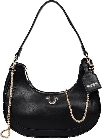 True Religion Crescent Hobo Purse, Studded Chain Shoulder Bag with Dual Carry Straps Gold Detail, Black in Saudi Arabia