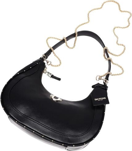 True Religion Crescent Hobo Purse, Studded Chain Shoulder Bag with Dual Carry Straps Gold Detail, Black in Saudi Arabia
