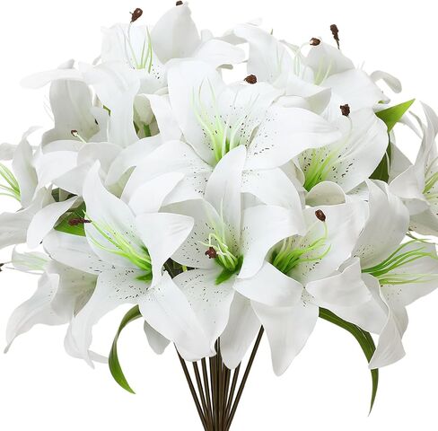 Riceshoot 12 Pcs Artificial Tiger Lily Flowers Real Touch Easter Lily White Latex Fake Lily Bouquet Faux Flowers for Easter Indoor Home Table Office Wedding Decoration in Kuwait