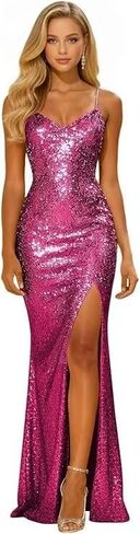Sparkly Sequin Prom Dress for Women Long Mermaid Formal Party Dresses with Slit V Neck Spaghetti Straps Evening Gown in Saudi Arabia