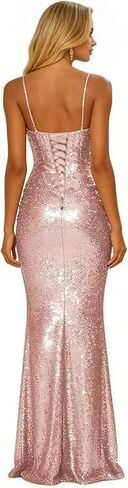 Sparkly Sequin Prom Dress for Women Long Mermaid Formal Party Dresses with Slit V Neck Spaghetti Straps Evening Gown in Saudi Arabia