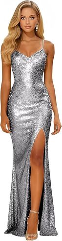 Sparkly Sequin Prom Dress for Women Long Mermaid Formal Party Dresses with Slit V Neck Spaghetti Straps Evening Gown in Saudi Arabia