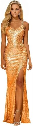 Sparkly Sequin Prom Dress for Women Long Mermaid Formal Party Dresses with Slit V Neck Spaghetti Straps Evening Gown in Saudi Arabia