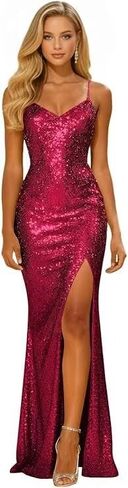Sparkly Sequin Prom Dress for Women Long Mermaid Formal Party Dresses with Slit V Neck Spaghetti Straps Evening Gown in Saudi Arabia