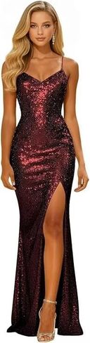 Sparkly Sequin Prom Dress for Women Long Mermaid Formal Party Dresses with Slit V Neck Spaghetti Straps Evening Gown in Saudi Arabia