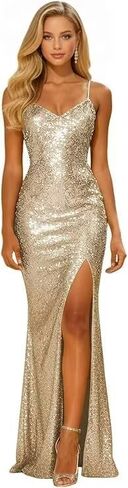 Sparkly Sequin Prom Dress for Women Long Mermaid Formal Party Dresses with Slit V Neck Spaghetti Straps Evening Gown in Saudi Arabia