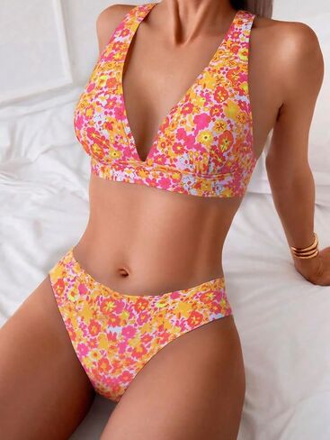 Retro Floral Print Bikini Set, V Neck High Waisted 2 Piece Swimsuit, Women's Cute Summer Bathing Suit in Saudi Arabia